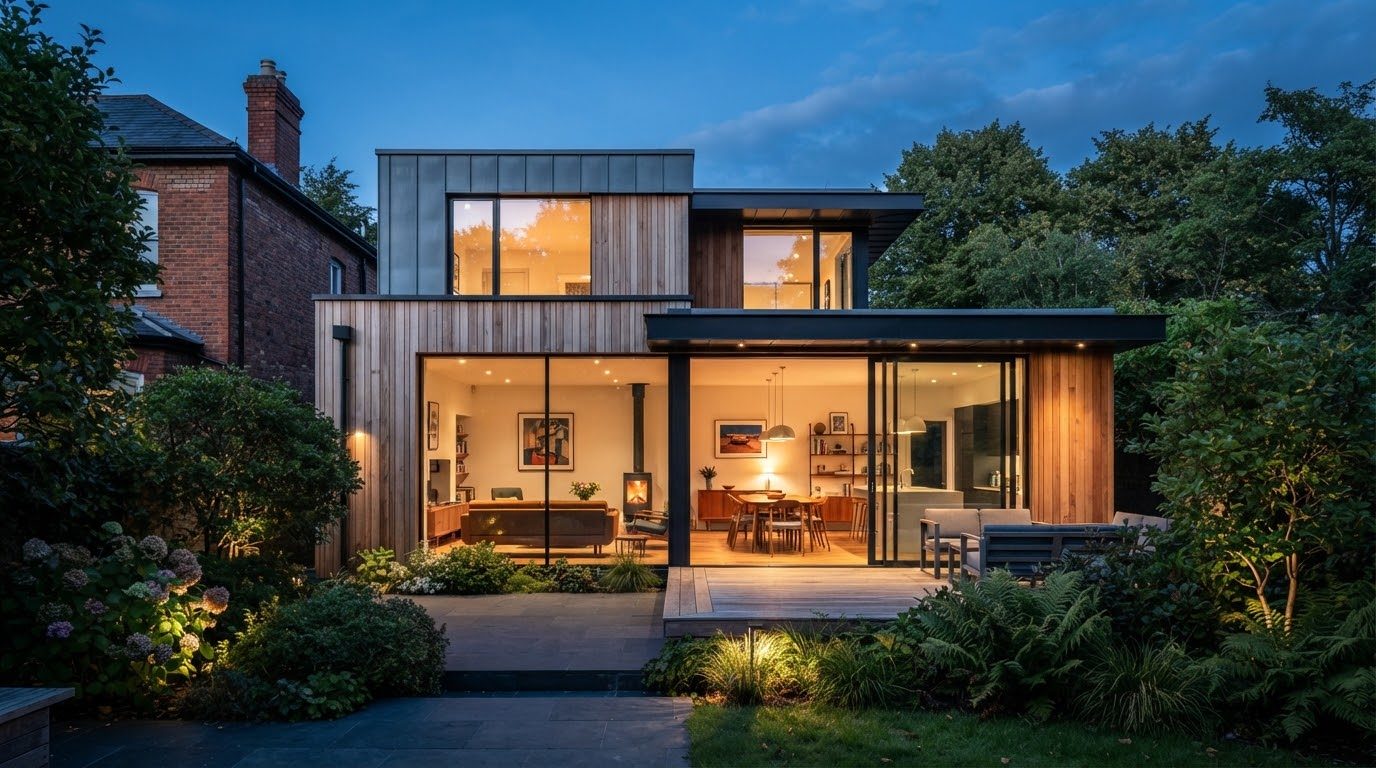 Modern brick and glass residential extension opening to a landscaped garden